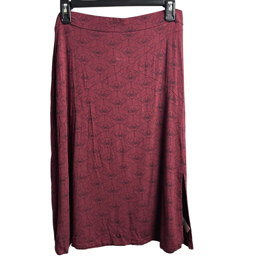 YALA Burgundy Bamboo Floral Print Midi Skirt Side Slit M Dark Academia Romantic